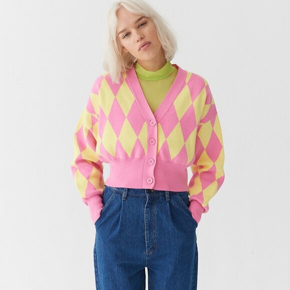 Lazy oaf yellow and pink cropped harlequin cardigan - Picture 4 of 4